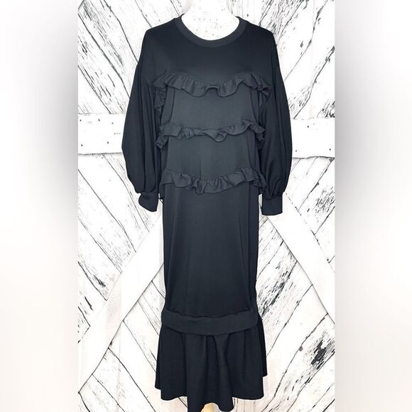 NWT Kosmios Dress Midi Ruffles Puffy Sleeves Black Oversized Small - Picture 1 of 8